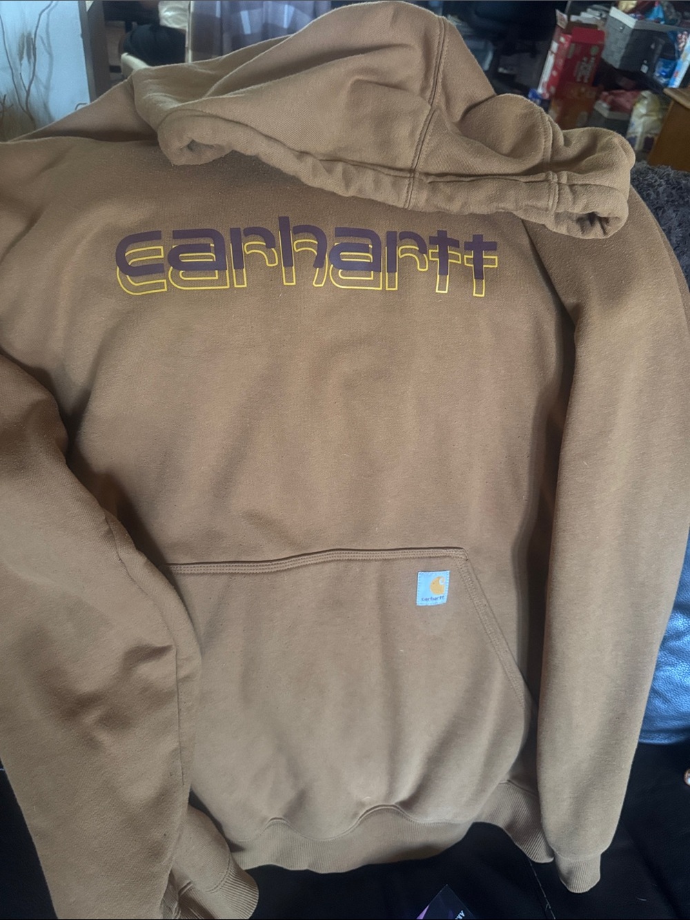 Carhartt Brown Crewneck Hoodie with Yellow & Purple Logo 3XL tall